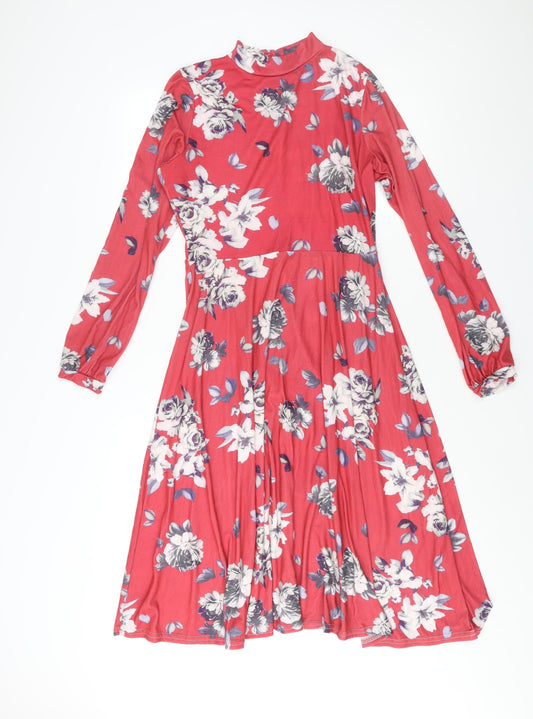 Boohoo Womens Pink Floral Polyester A-Line Size 14 Mock Neck Button