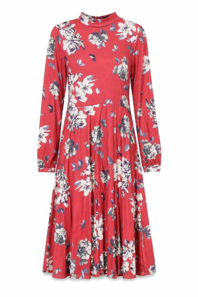 Boohoo Womens Pink Floral Polyester A-Line Size 14 Mock Neck Button