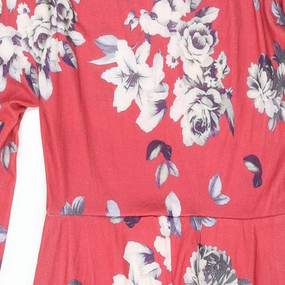 Boohoo Womens Pink Floral Polyester A-Line Size 14 Mock Neck Button