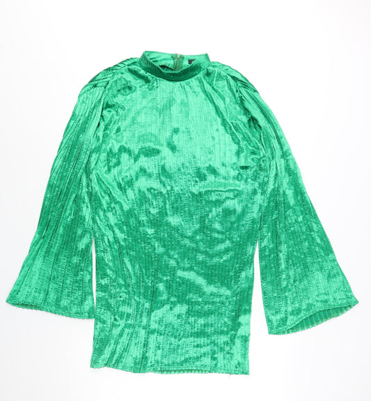 Boohoo Womens Green Polyester Shift Size 10 Mock Neck Zip - Pleated