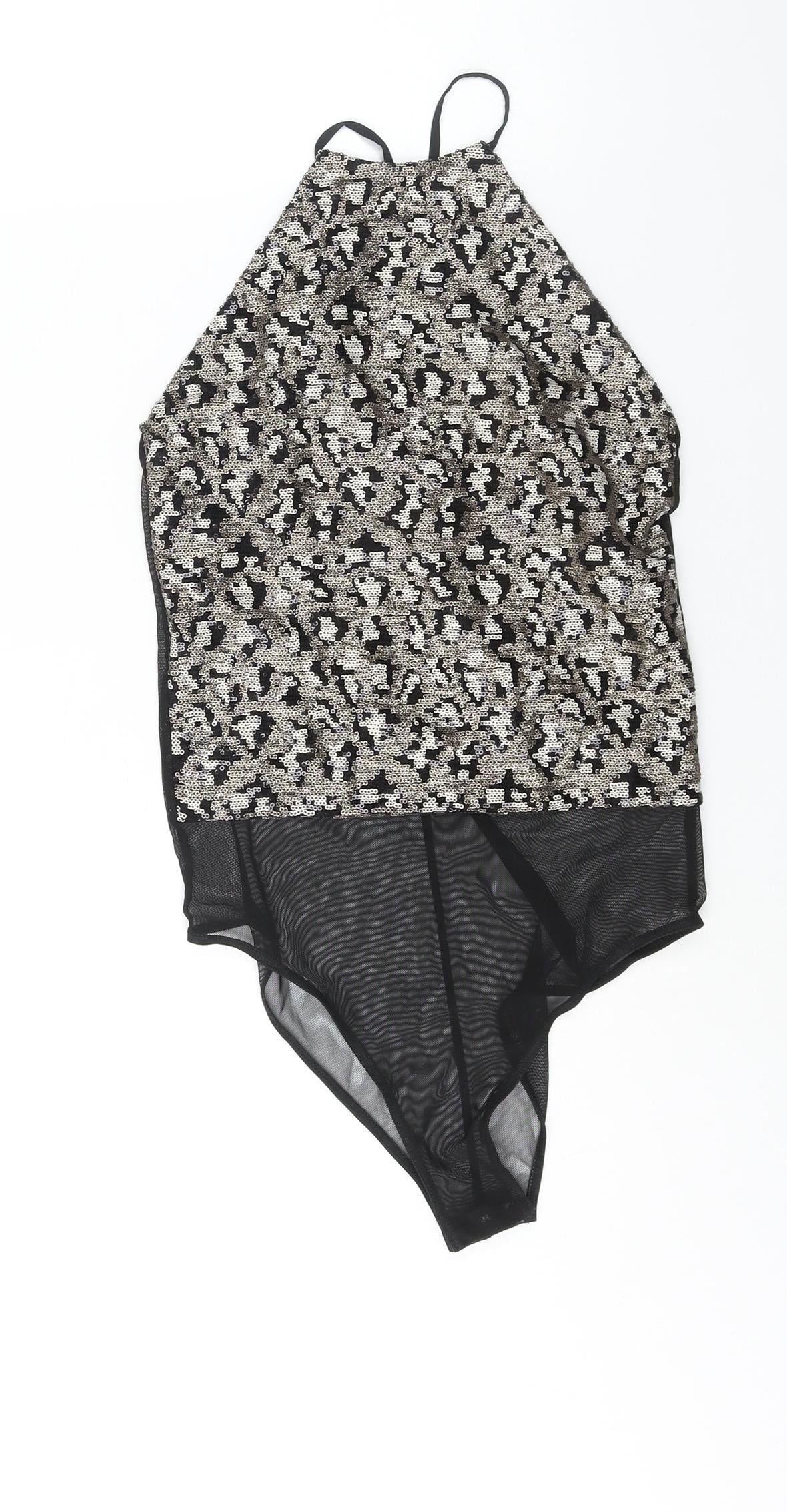 Topshop Womens Gold Nylon Bodysuit One-Piece Size 8 Snap - Sequin Open Back