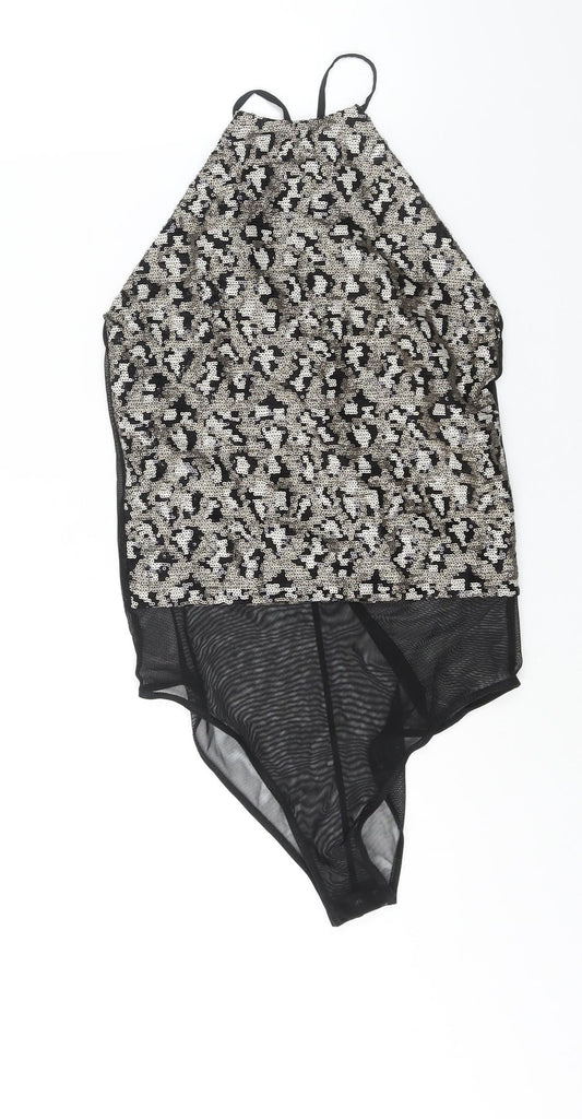 Topshop Womens Gold Nylon Bodysuit One-Piece Size 8 Snap - Sequin Open Back