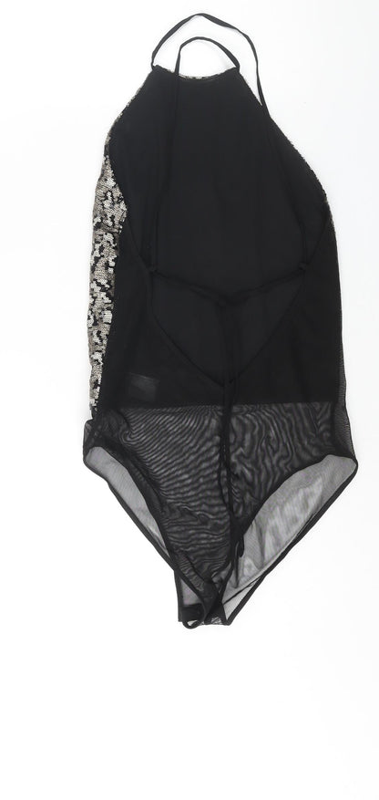 Topshop Womens Gold Nylon Bodysuit One-Piece Size 8 Snap - Sequin Open Back