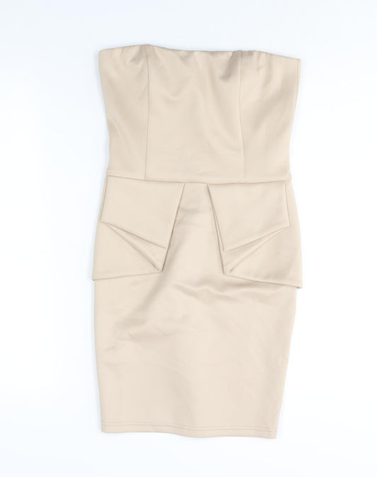AX Paris Womens Beige Polyester Bodycon Size 10 Square Neck Zip - Peplum Detail