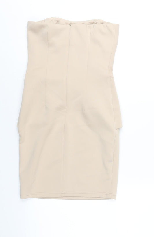 AX Paris Womens Beige Polyester Bodycon Size 10 Square Neck Zip - Peplum Detail