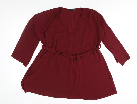 Boohoo Womens Red Polyester A-Line Size 18 V-Neck Pullover - Belted