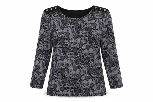 Front view of Alexara women’s black round neck geometric polyester jumper, size UK 16, - button detail floral lace print
