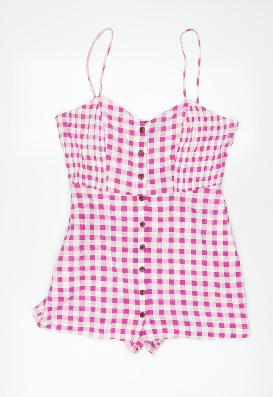 Zara Womens Purple Plaid Linen Playsuit One-Piece Size M Button - Pleated