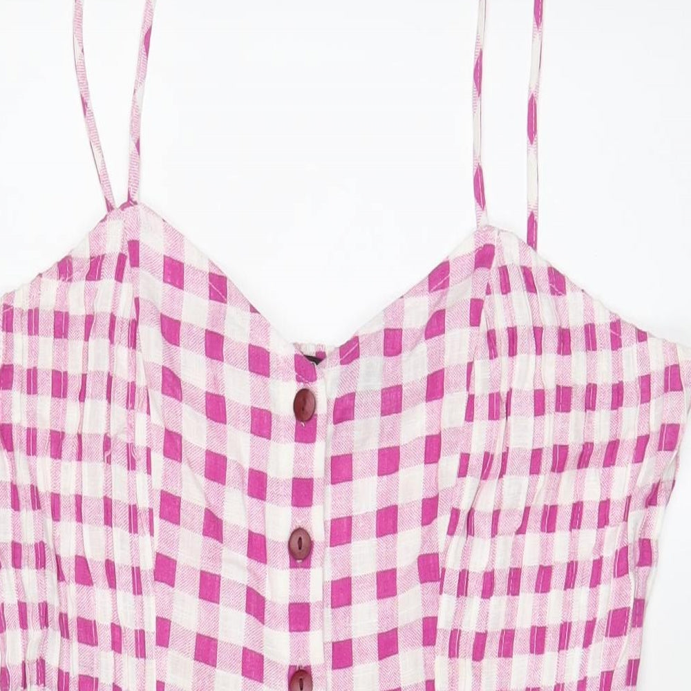 Zara Womens Purple Plaid Linen Playsuit One-Piece Size M Button - Pleated