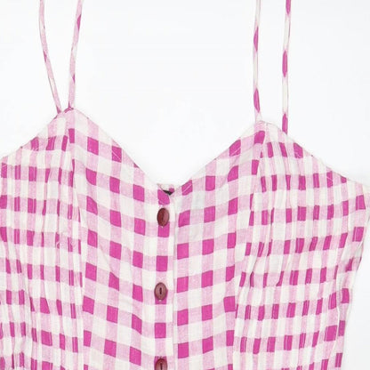 Zara Womens Purple Plaid Linen Playsuit One-Piece Size M Button - Pleated