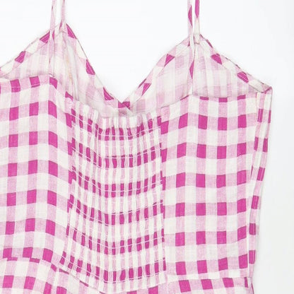 Zara Womens Purple Plaid Linen Playsuit One-Piece Size M Button - Pleated