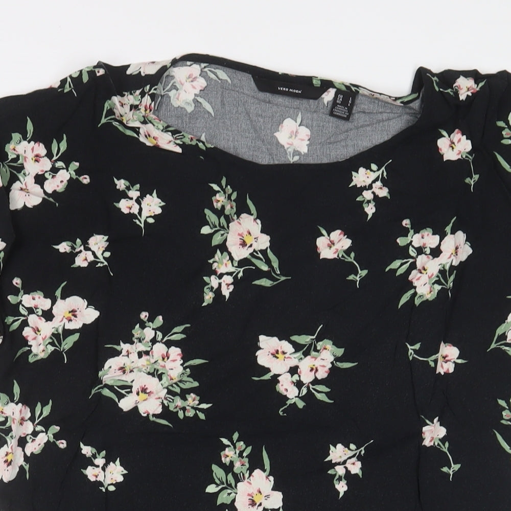 VERO MODA Womens Black Floral Viscose A-Line Size L Crew Neck Pullover - Drawstring