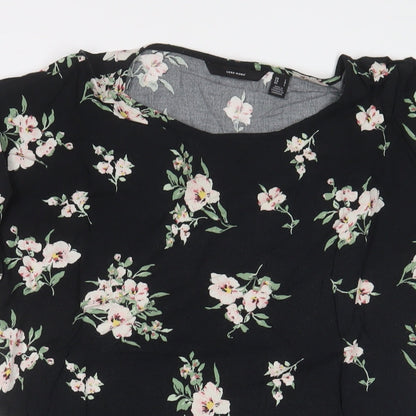 VERO MODA Womens Black Floral Viscose A-Line Size L Crew Neck Pullover - Drawstring