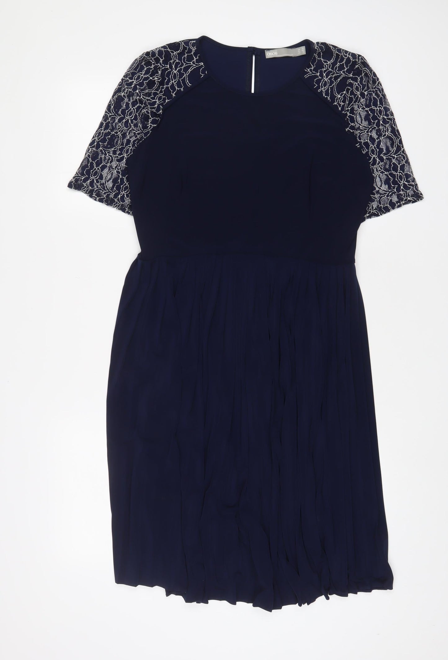 ASOS Womens Blue Polyester A-Line Size 10 Crew Neck Button - Lace, Pleated