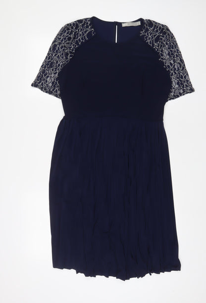ASOS Womens Blue Polyester A-Line Size 10 Crew Neck Button - Lace, Pleated
