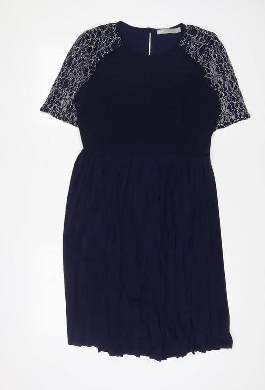 ASOS Womens Blue Polyester A-Line Size 10 Crew Neck Button - Lace, Pleated