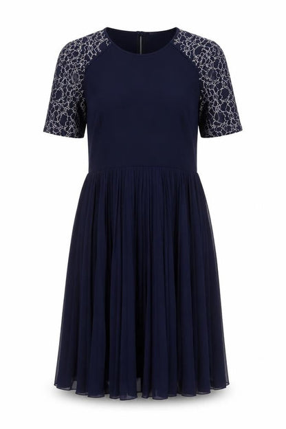 ASOS Womens Blue Polyester A-Line Size 10 Crew Neck Button - Lace, Pleated