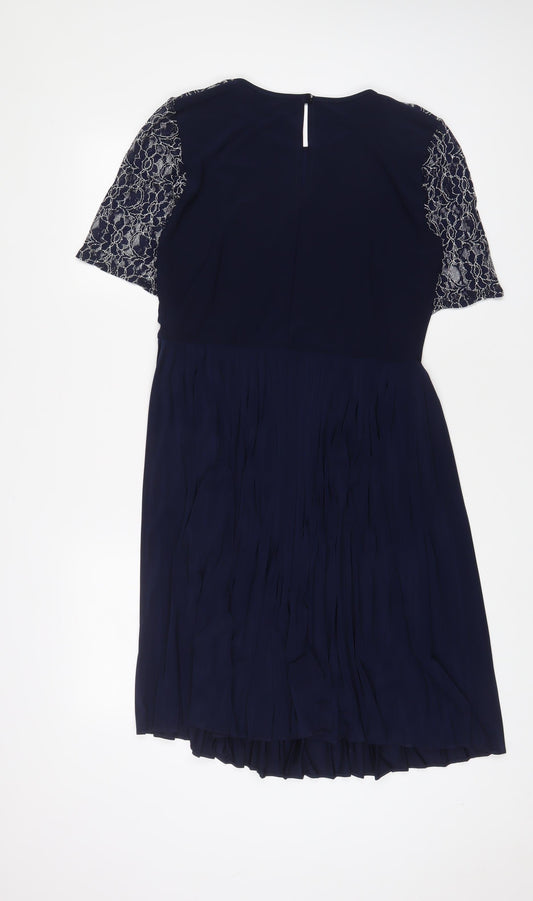 ASOS Womens Blue Polyester A-Line Size 10 Crew Neck Button - Lace, Pleated