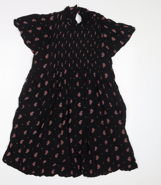 NEXT Womens Black Floral Viscose A-Line Size 14 Crew Neck Button - Pleated