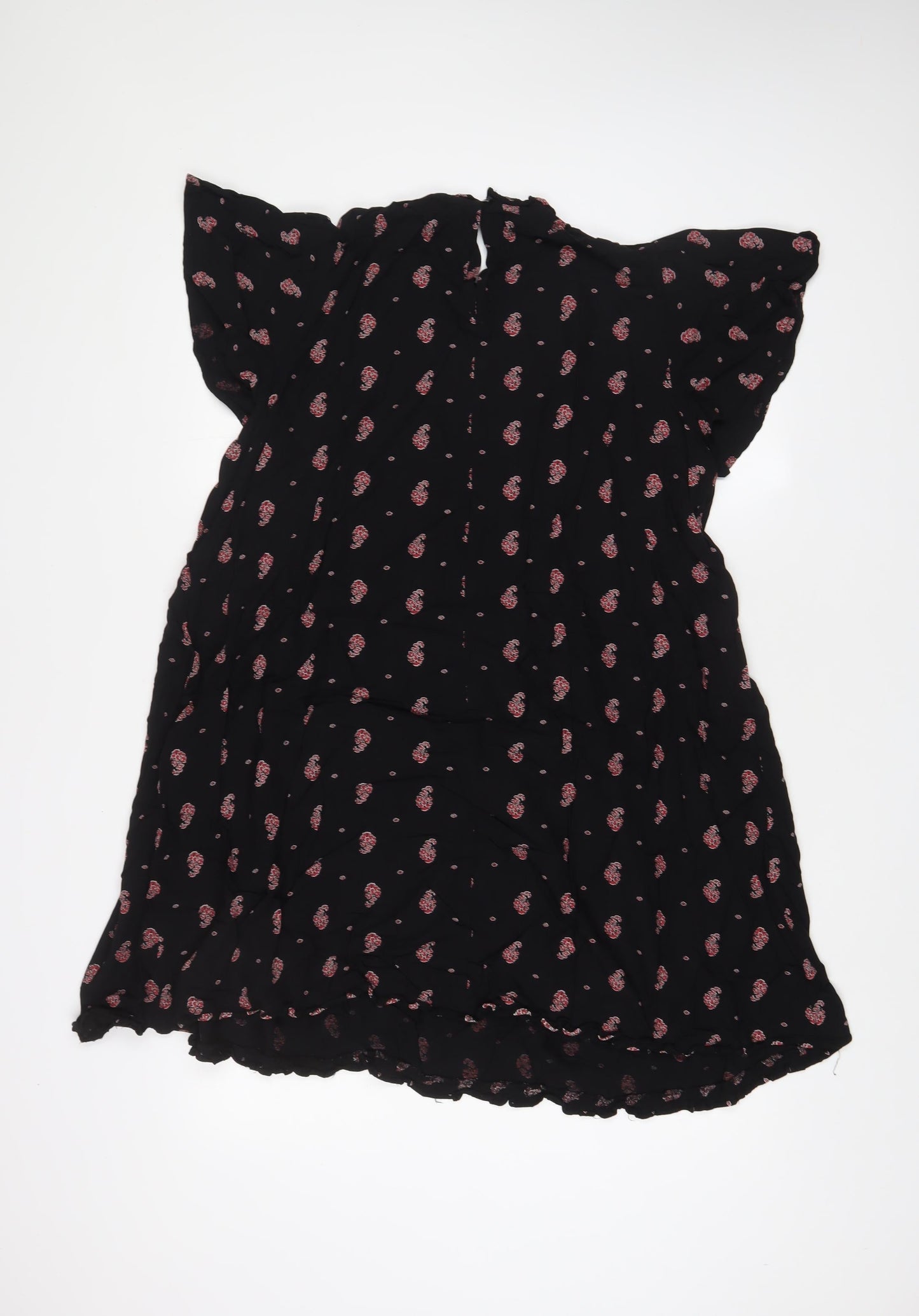 NEXT Womens Black Floral Viscose A-Line Size 14 Crew Neck Button - Pleated