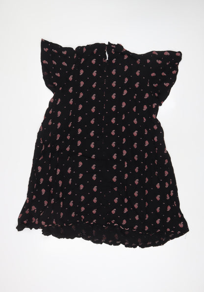 NEXT Womens Black Floral Viscose A-Line Size 14 Crew Neck Button - Pleated