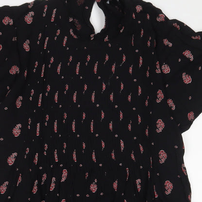 NEXT Womens Black Floral Viscose A-Line Size 14 Crew Neck Button - Pleated