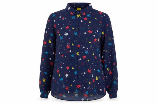 Frugi Womens Blue Geometric Polyester Basic Button-Up Size 12 Collared - Star Pattern