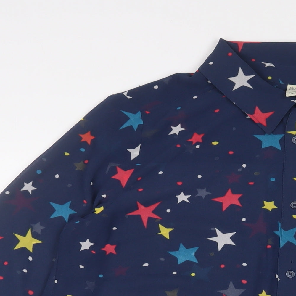 Frugi Womens Blue Geometric Polyester Basic Button-Up Size 12 Collared - Star Pattern