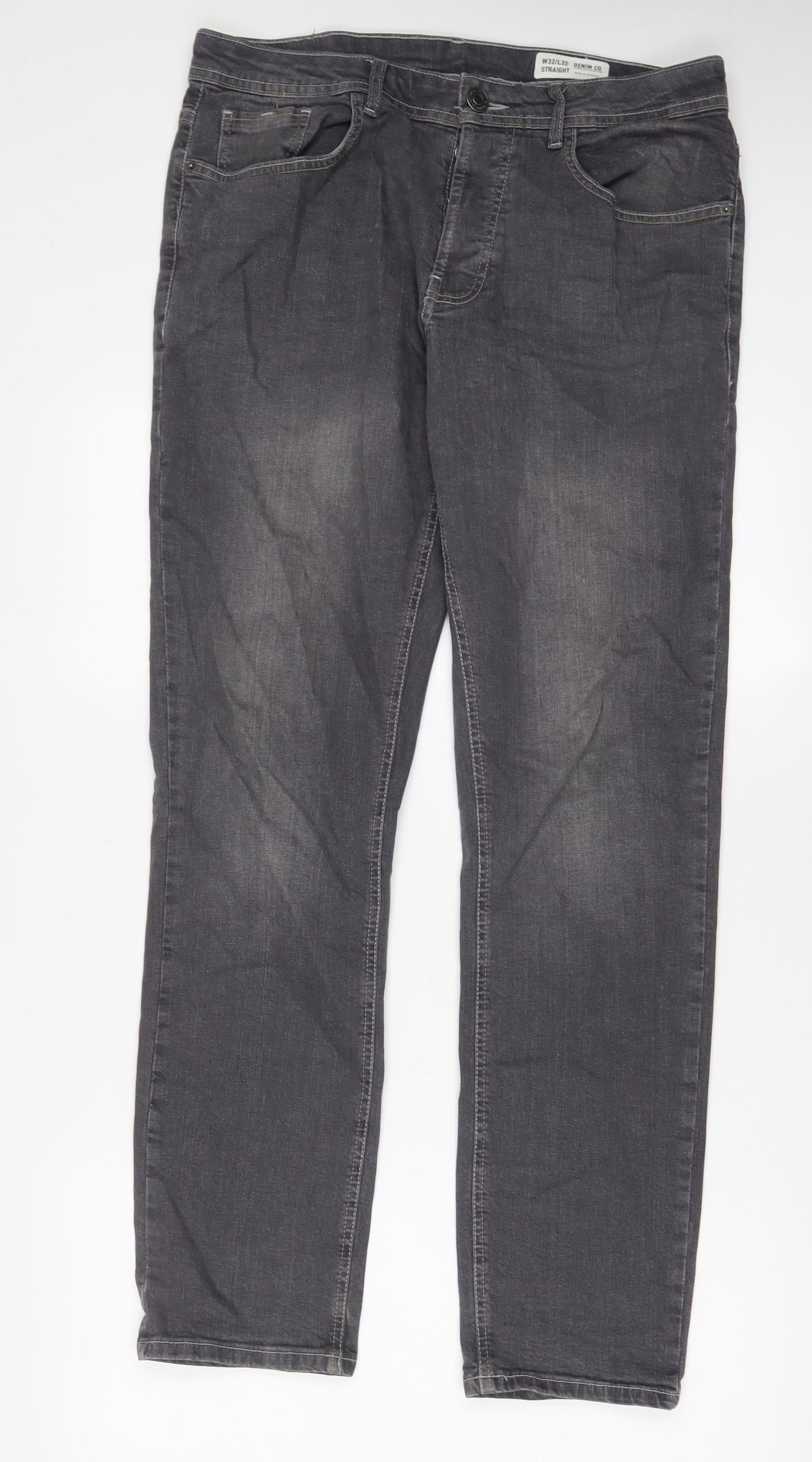 Denim & Co. Mens Grey Cotton Straight Jeans Size 32 in L32 in Regular Button