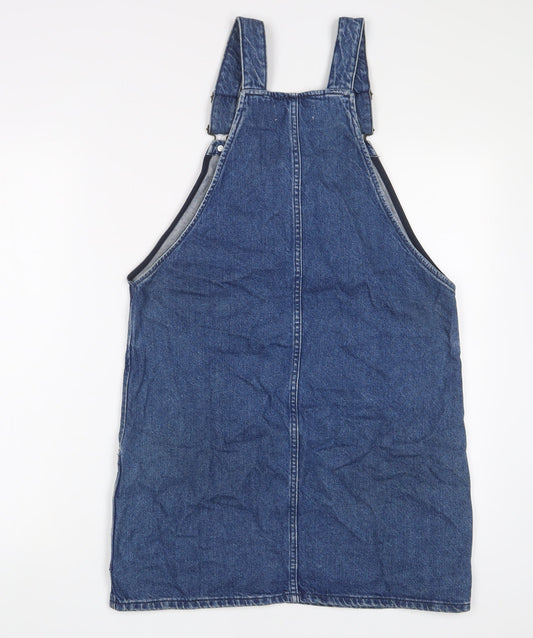 New Look Womens Blue Cotton Pinafore/Dungaree Dress Size 8 Square Neck Button