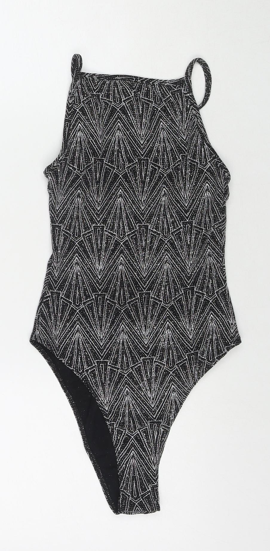 Divided by H&M Womens Black Geometric Polyamide Bodysuit One-Piece Size XS Snap - Glitter Detail