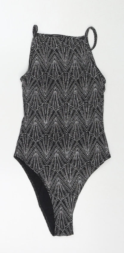 Divided by H&M Womens Black Geometric Polyamide Bodysuit One-Piece Size XS Snap - Glitter Detail