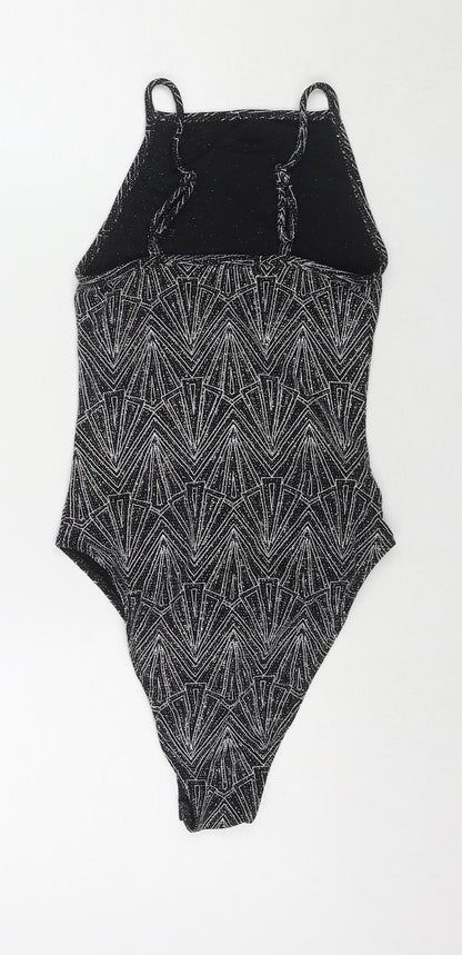 Divided by H&M Womens Black Geometric Polyamide Bodysuit One-Piece Size XS Snap - Glitter Detail