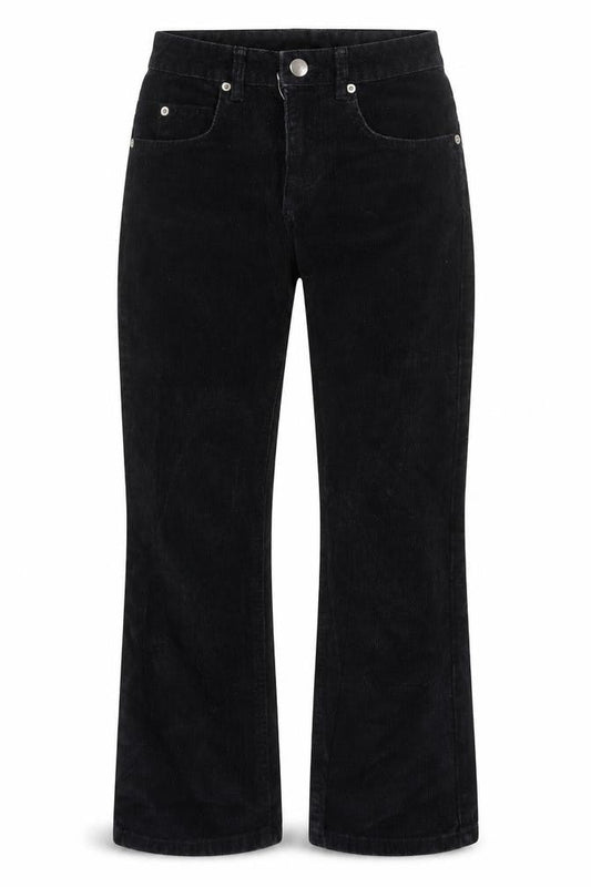 Front view of ASOS women’s black cotton trousers, size UK 23, in, 25-inch leg regular zip