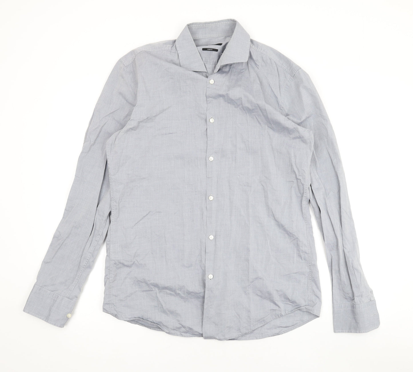 Boss Mens Grey Cotton Button-Up Size 40 Collared Button