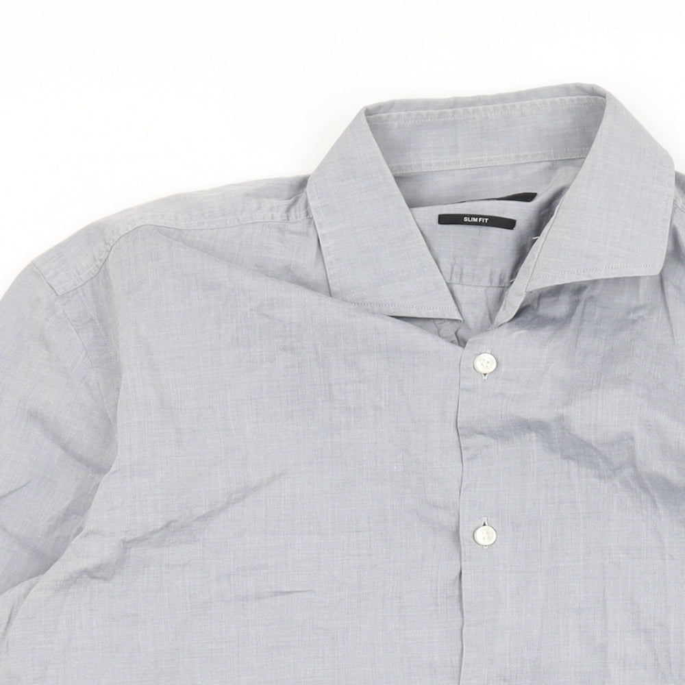 Boss Mens Grey Cotton Button-Up Size 40 Collared Button