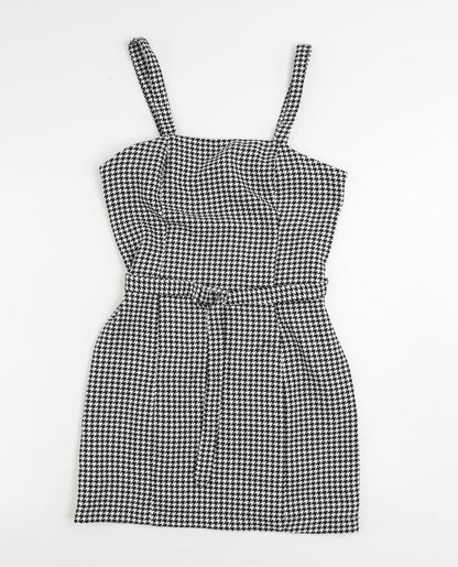New Look Womens Black Geometric Polyester Mini Size 8 Square Neck Zip - Belted