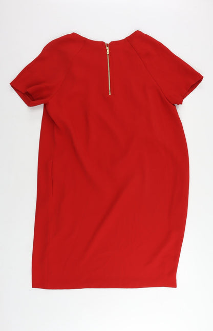 Marks and Spencer Womens Red Polyester Shift Size 12 Boat Neck Zip - Pockets