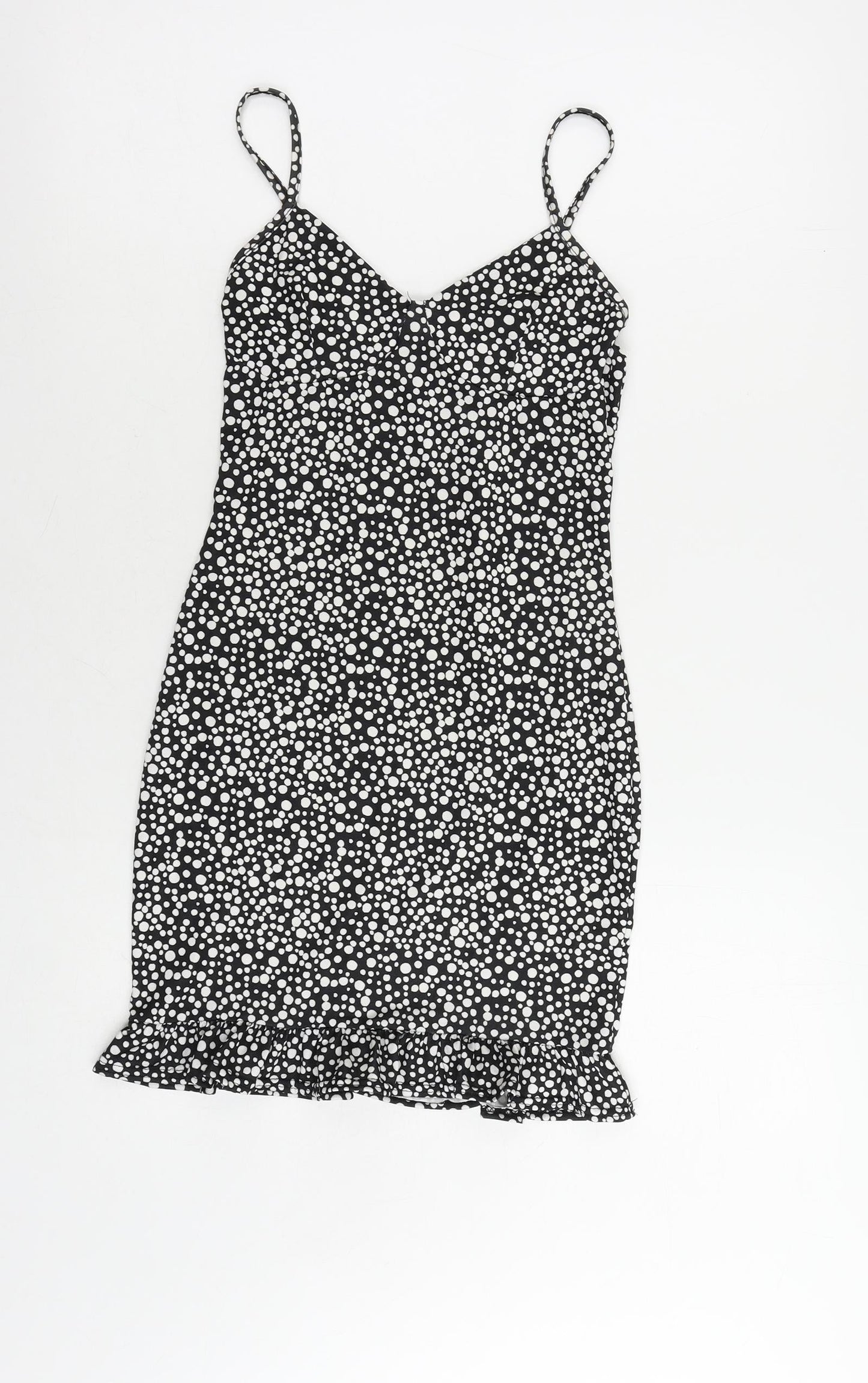 PRETTYLITTLETHING Womens Black Polka Dot Polyester Mini Size 4 V-Neck Pullover - Ruffle