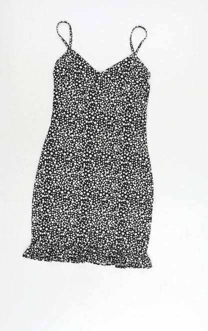 PRETTYLITTLETHING Womens Black Polka Dot Polyester Mini Size 4 V-Neck Pullover - Ruffle