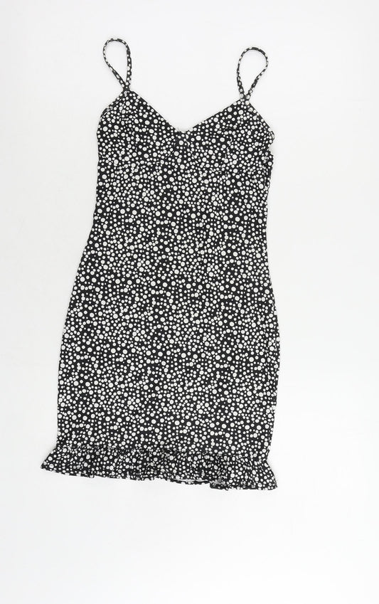 PRETTYLITTLETHING Womens Black Polka Dot Polyester Mini Size 4 V-Neck Pullover - Ruffle