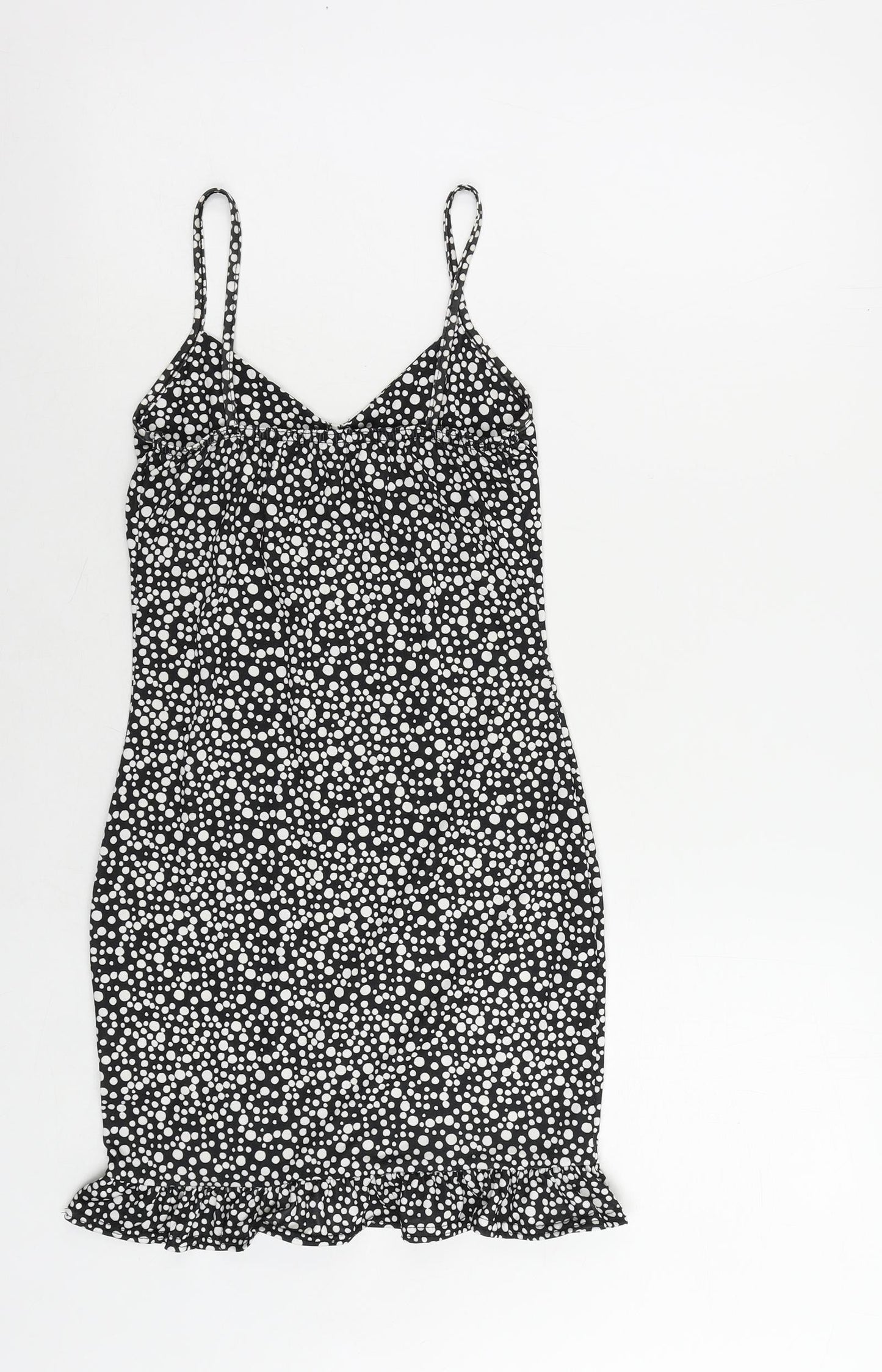 PRETTYLITTLETHING Womens Black Polka Dot Polyester Mini Size 4 V-Neck Pullover - Ruffle