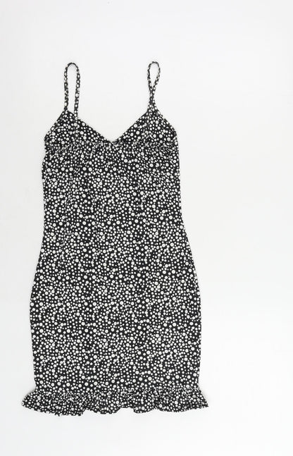 PRETTYLITTLETHING Womens Black Polka Dot Polyester Mini Size 4 V-Neck Pullover - Ruffle