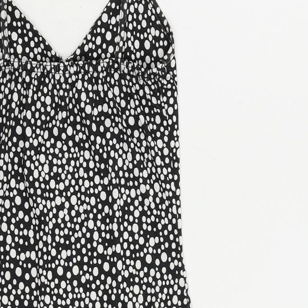 PRETTYLITTLETHING Womens Black Polka Dot Polyester Mini Size 4 V-Neck Pullover - Ruffle