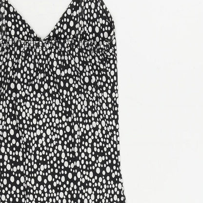 PRETTYLITTLETHING Womens Black Polka Dot Polyester Mini Size 4 V-Neck Pullover - Ruffle