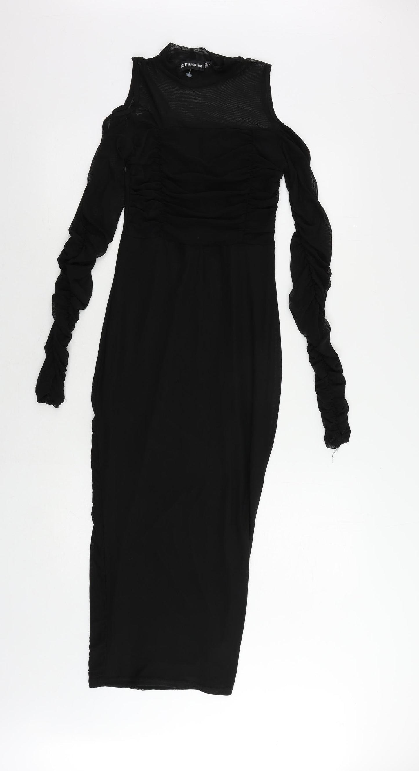PRETTYLITTLETHING Womens Black Polyester Bodycon Size 8 Mock Neck - Ruched Sleeve