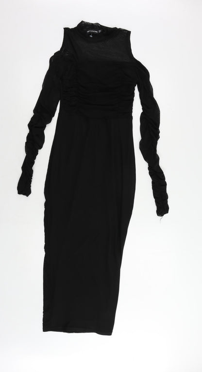 PRETTYLITTLETHING Womens Black Polyester Bodycon Size 8 Mock Neck - Ruched Sleeve