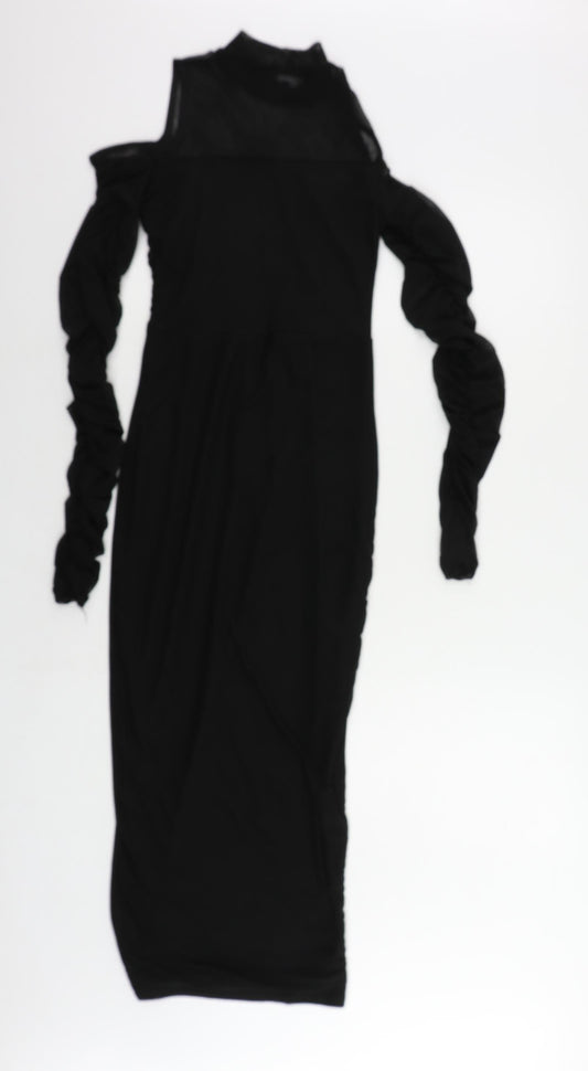 PRETTYLITTLETHING Womens Black Polyester Bodycon Size 8 Mock Neck - Ruched Sleeve