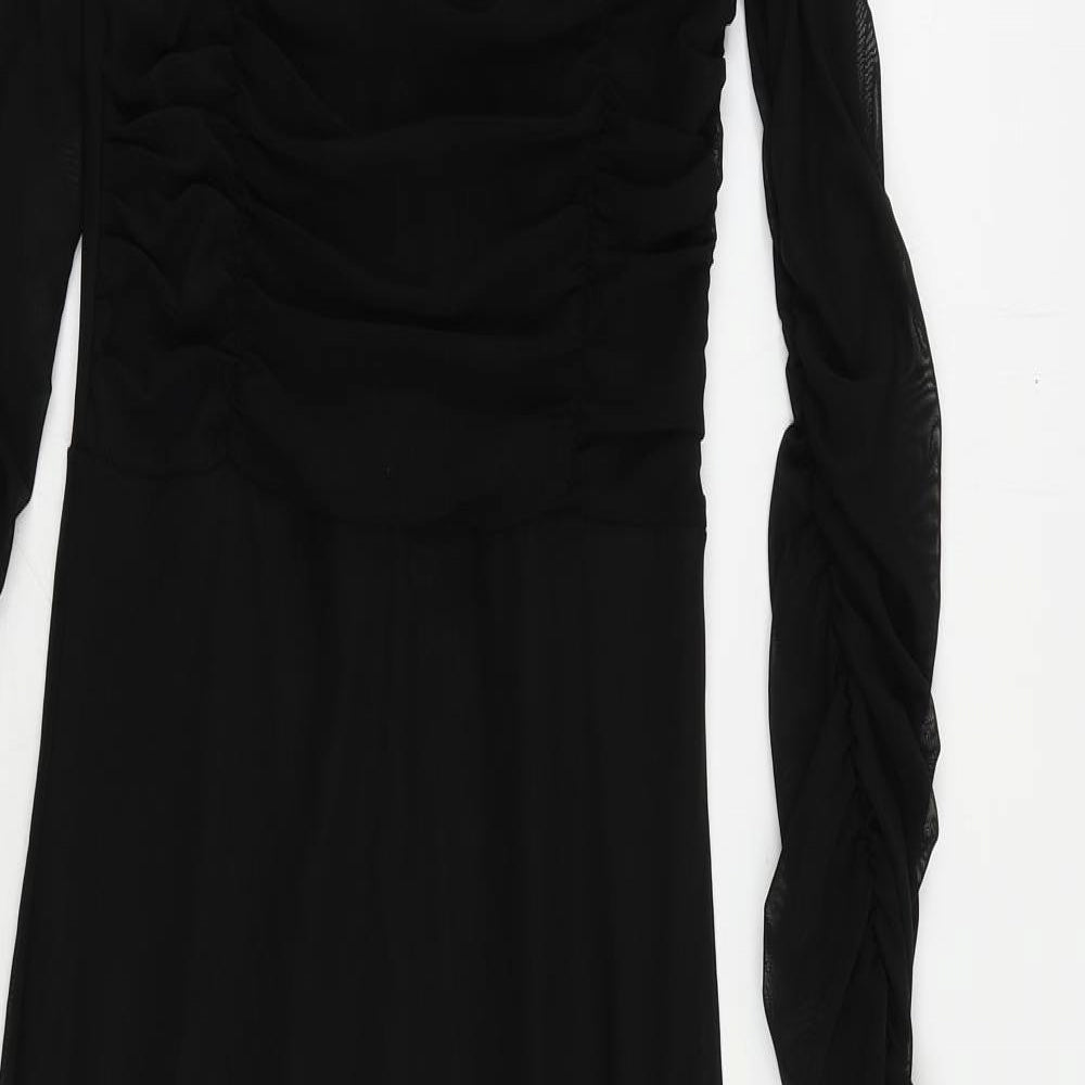 PRETTYLITTLETHING Womens Black Polyester Bodycon Size 8 Mock Neck - Ruched Sleeve