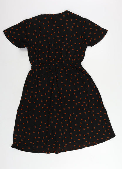 New Look Womens Black Polka Dot Polyester A-Line Size 8 V-Neck